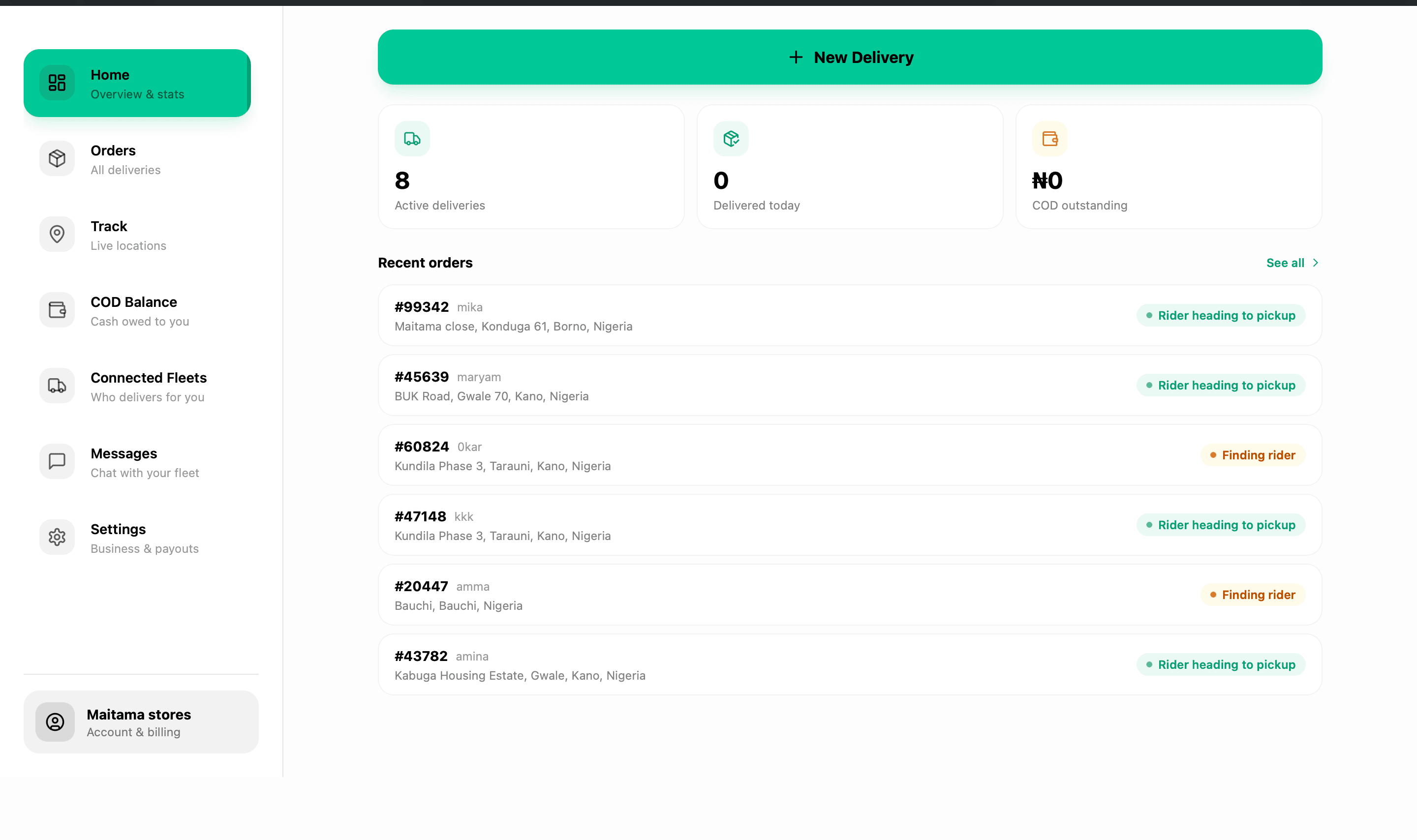 Carryday merchant dashboard — active deliveries, recent orders and live status